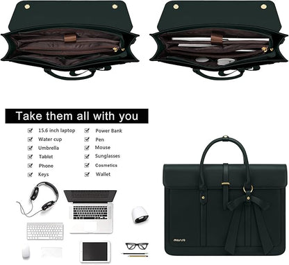 MOSISO Laptop Bag for Women, 15-15.6 inch PU Leather Laptop Shoulder Bags Convertible Backpack, 16 inch Messenger Bags Casual Handbag Work Briefcase Travel Computer Bag with Bowknot, Midnight Green