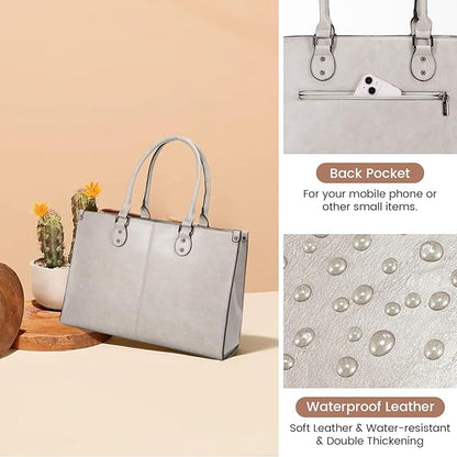 LOVEVOOK Laptop Tote Bag for Women, 15.6 Inch Large Capacity Vintage Leather Work Computer Bag, Business Casual Shoulder Handbag, Smoke Gray
