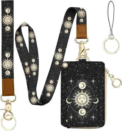 bolimoss Sun and Moon Badge Holder & Lanyard Wallet Removable Lanyards for Teacher Womens Wallet with Wristlet & Neck Lanyard, Clear Window, 5 Card Slots, Pocket,1 Side Zipper Pocket, Ring Keychain