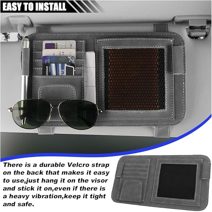 Car Sun Visor Organizer, Leather Card Sleeve Pocket Organizer, Multifunctional Auto Visor Document Holder with Sunglasses Clip, Universal Car Interior Organizer for Driving License, Pen (Large-Grey)