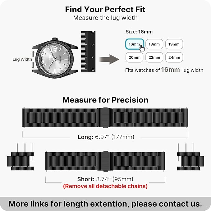Fullmosa 16mm Stainless Steel Watch Band, Quick Release Metal Replacement Strap with Removable Links, Includes Spring Bars & Link Removal Tool for Men Women (Black)