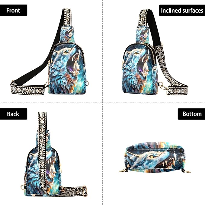 ZAZYXTJ Wolf Crossbody Sling Bag for Women Leather Small Chest Bag Adjustable Straps Daypack for Travel Sport Hiking