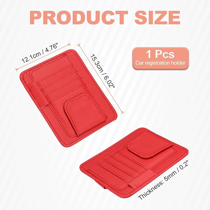 HARFINGTON Car Sun Visor Organizer 6.02" x 4.76" Leather Multi-Pocket Visor Card Sleeve Pocket Car Truck SUV Interior Storage Pouch for Driving License Credit Cards Bills Sunglasses, Red