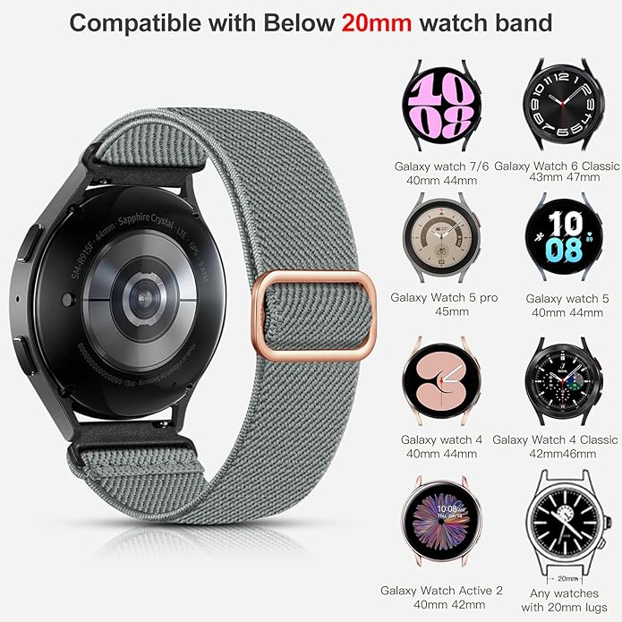 Lerobo Elastic Bands Compatible with Samsung Galaxy Watch 8 7 6 5 4 40mm 44mm/Galaxy Watch 8 Classic 6 4 Classic 43mm 47mm 42mm 46mm/5 Pro Band 45mm/Active 2,3 Pack 20mm Adjustable Nylon Sport Band