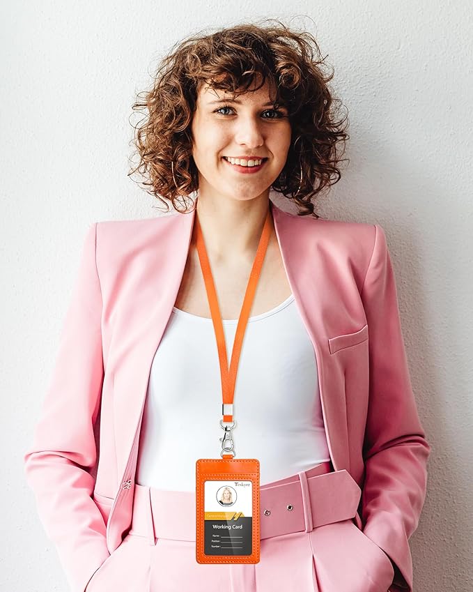 Teskyer Badge Holder with Lanyard, Leather ID Name Badge Card Holder with Lanyard for ID Badges, Vertical, Bright Orange