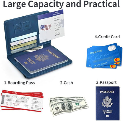 Passport Holder, Passport Cover with Credit Card Slot and Boarding Pass Slot Combo, Passport Wallet Case Book Travel Must Have, RFID Blocking Leather Travel Accessories, Navy Blue