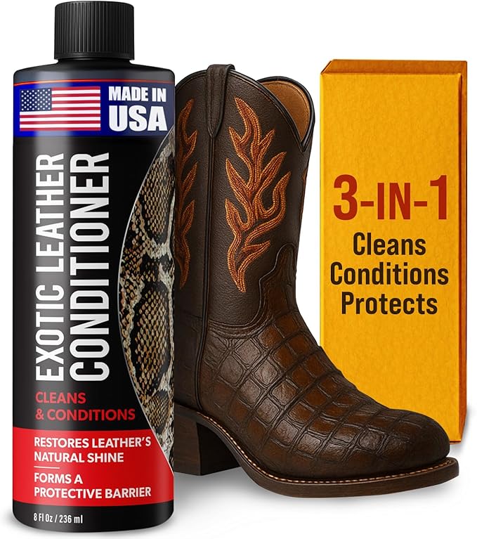 Exotic Leather Conditioner for Boots — 3-in-1 Cleaner, Conditioner & Protectant for Ostrich, Python, Lizard, Caiman & Snakeskin, Leather Boot Care Kit for Cowboy Boots, 8 fl oz Spray, Made in USA