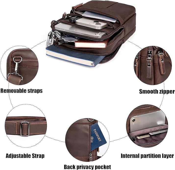 Leather Messenger Bag for Men, Small Leather Sling Shoulder Bag Messenger Pack for Men, Man Purse