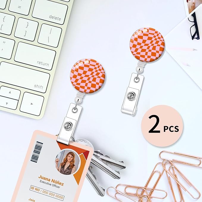 2 Pack Badge Reels Holder Retractable with ID Clip for Nurse Name Tag Card Nursing for Doctor Teacher Student Employee Office Medical Work (Pink Groovy Wavy)