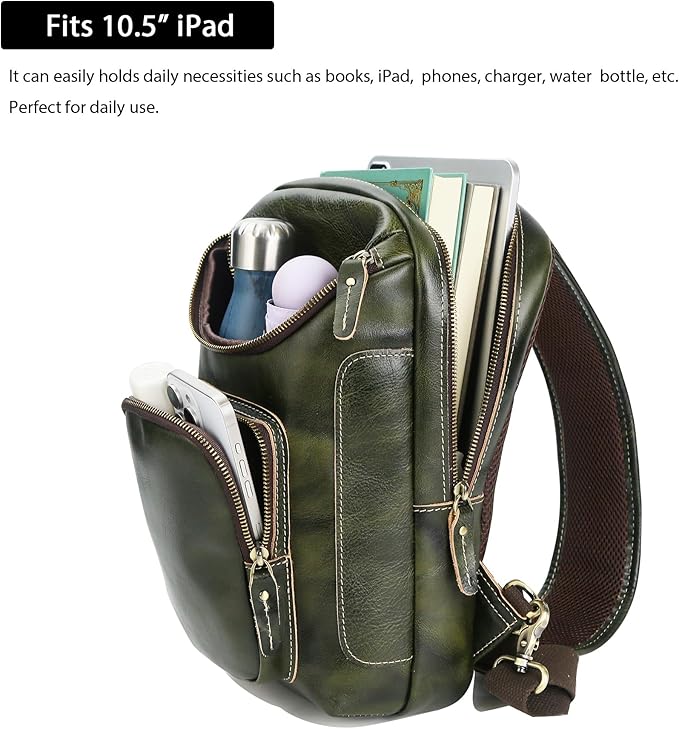 LANNSYNE Full Grain Leather Sling Bag For Men, Crossbody Chest Daypack Fits 10.5" iPad, Men’s Crossbody Bag