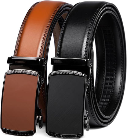 Founders & C Mens Belt 2 Pack,Leather Ratchet Click Belt Dress with Slide Buckle 1 3/8" in Gift Set Box- Size Adjustable