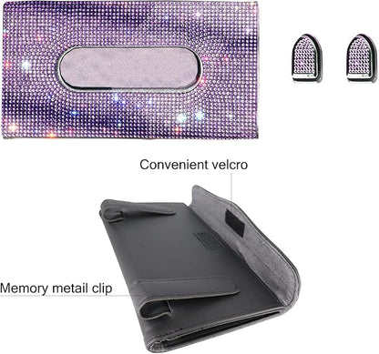 Purple Car Visor Tissue Box Holder, Bling Crystals PU Leather Napkin Holder, Glitter Car Visor Accessories with Sparkly Mask Hook Clip for Women, Gift for Christmas Thanksgiving (Purple 3 pcs)