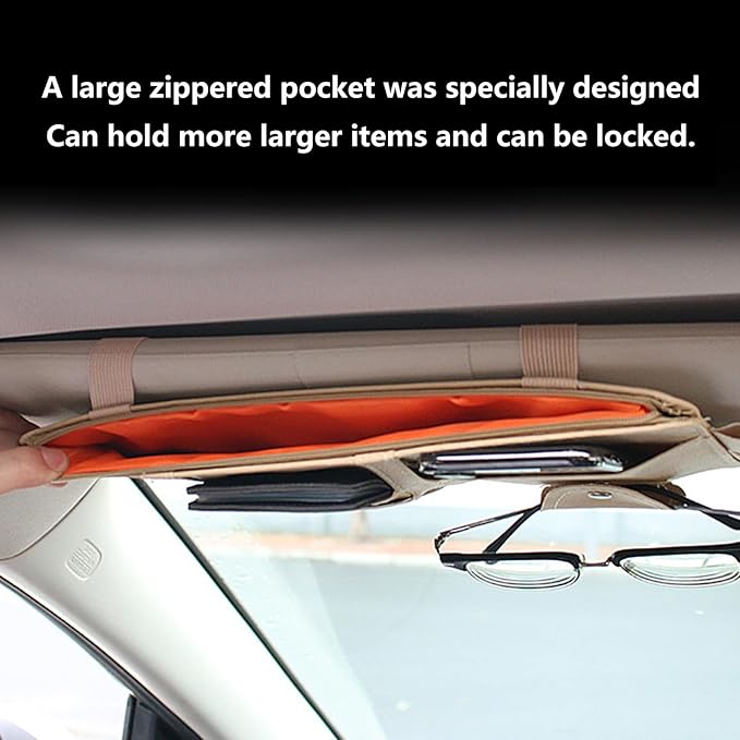 Grey Multifunctional Car Sun Visor Organizer Sun Visor Caddy Sunvisor Pouch Visor Storage with a Zipper Bag Car Visor Accessories,3 Cards Holder,CD Glasses Pen Holder