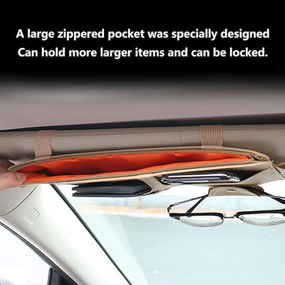 Black Multifunctional Car Sun Visor Organizer Sun Visor Caddy Sunvisor Pouch Visor Storage with a Zipper Bag Car Visor Accessories,3 Cards Holder,CD Glasses Pen Holder