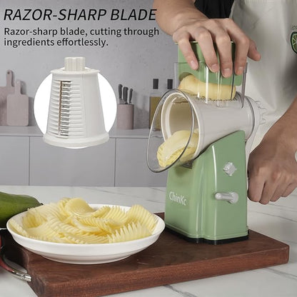 Upgrade Rotary Cheese Grater Shredder with Handle, Strong Suction Base, Multi-purpose Rotary Grater Slicer with 5 Interchangeable Blades for Ice, Vegetables, Fruit, Nuts with Blade Storage Box