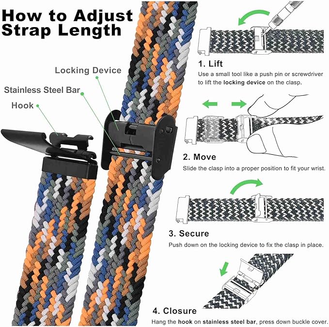 WOCCI 24mm Braided Nylon Watch Band for Men and Women, Quick Release, Black Stainless Steel Buckle (Camo)