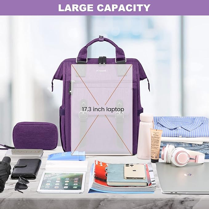 LOVEVOOK Laptop Backpack for Women Work Travel Backpack, Teacher Doctor Nurse Bags College Backpack Purse, Business Commuter Computer Laptop Bag, 17 Inch, Dark Purple-black