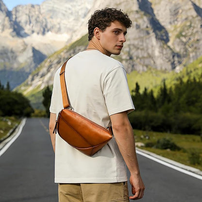 NIUCUNZH Genuine Leather Mens Sling Bag for Women Vintage Small Crossbody Bags Purse for Hiking Travel Chest Daypack