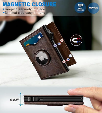 miyozi Airtag Wallet for Men,with Cash Pocket 2 ID Window 9-12 Cards,Metal Case Smart Slim Pop Up Credit Card Holder Flip with Magnetic Closure RFID Blocking Trifold wallet with Gift Box