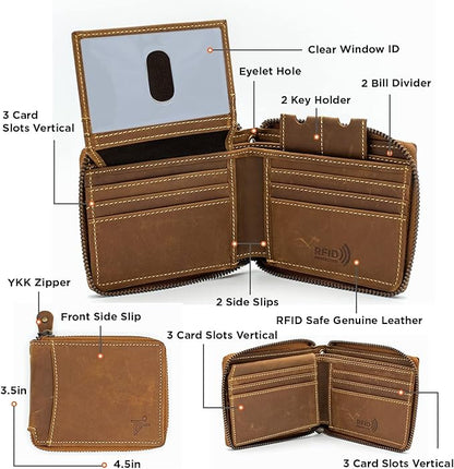 RFID Safe Leather Bi-fold Chain Wallet for Men Zip around Purse for Women Biker's Trucker YKK Metal Zipper Closure Filp up window ID (Vintage Brown with Chain)