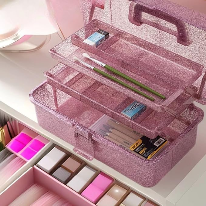 Saim Storage Bins, Three-Layer Multipurpose Art & Craft Storage Container, Carry Tackle Organizer, Medicine Cosmetic Art Supply Box for Art Supply Makeup Hair Accessories Painting Tools - Pink