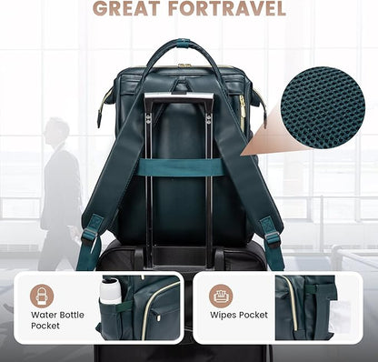 LOVEVOOK Leather Laptop Backpack for Women 18 inch,Travel Backpack Purse Nurse Teacher Backpack Computer Laptop Bag,Professional College Business Work Bag Carry On Backpack with USB Port,Dark Green