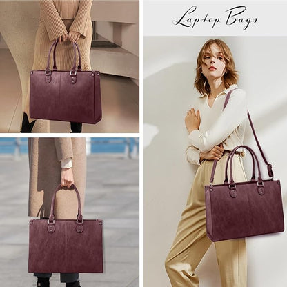 LOVEVOOK Laptop Tote Bag for Women, 15.6 Inch Large Capacity Vintage Leather Work Computer Bag, Business Casual Shoulder Handbag, Fuchsia