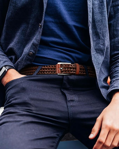 CHAOREN Mens Braided Leather Belt, Casual Woven Leather Belt for Men 35mm Width for Dress Jeans Golf