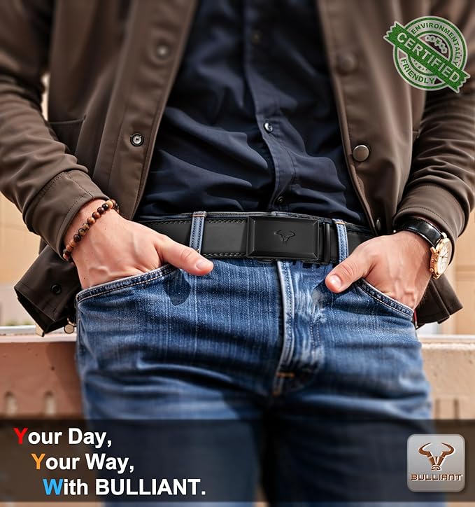 BULLIANT Men Belt,Ratchet Leather Belt Click Adjustable for Men Jeans Dress Casual 1 3/8-Cut to Fit