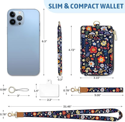 Piefly Flowers Lanyard Wallet with ID Badge Holder, Floral Small RFID Wallets Women Keychain Wristlet, Slim Credit Card Holder with Zipper Pocket Phone Lanyard Wrist Strap Name Tag Office Teacher Gift