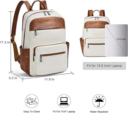 Leather Laptop Backpack for Women 15.6 Inch Laptop Travel Backpack Purse Casual Daypack with Laptop Compartment for College Work Nurse Business Weekender, Beige Brown