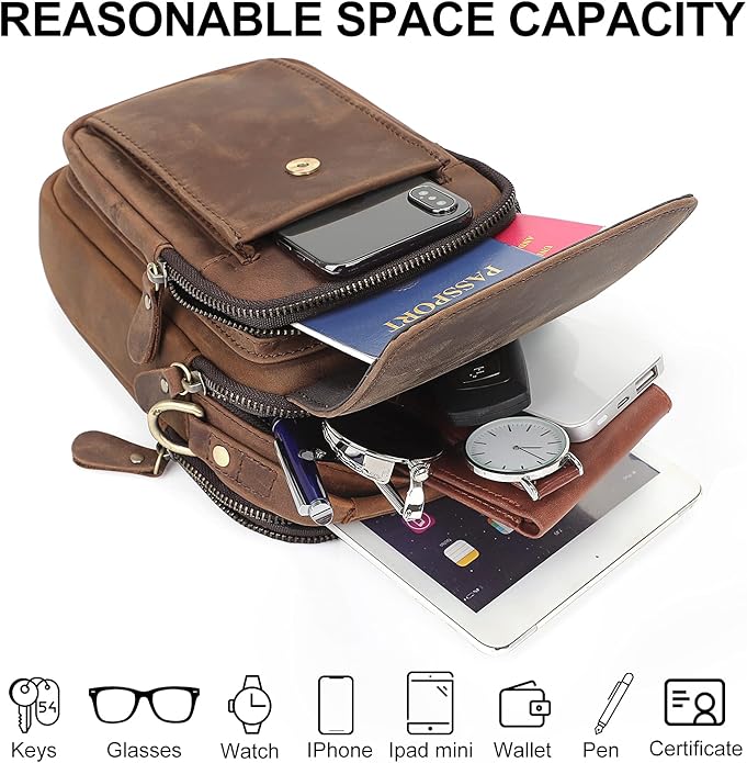 Augus Leather Small Messenger Bag For Men Crossbody Handbag Shoulder Sling Travel Bags for Men Purse Daypack Magnetic Buckle
