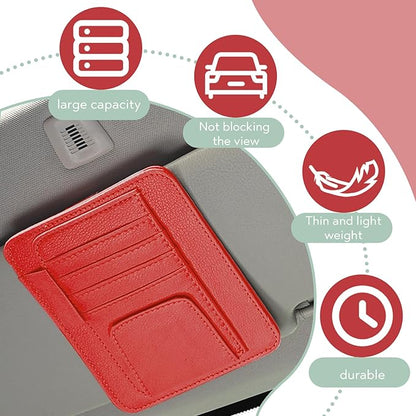 Car Sun Visor Organizer, Multifunctional Auto Visor Document Holder with Sunglasses Clip, Universal Car Interior Accessories Organizer for Drving License, Card, Pen (Red)