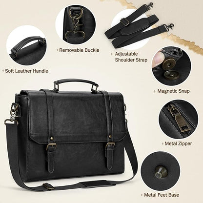 IGOLUMON Messenger Bag for Men 15.6 inch Vintage Leather Waterproof Laptop Briefcase for Men Large Computer Laptop Bag Leather Satchel Bag Retro Shoulder Bag for Office Business Travel College, Black