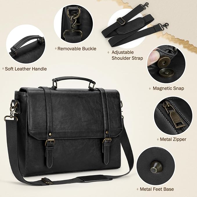 IGOLUMON Messenger Bag for Men 18 inch Vintage Leather Waterproof Laptop Briefcase Large Computer Laptop Bag Leather Satchel Bag Retro Shoulder Bag for Office Business Travel College, Black