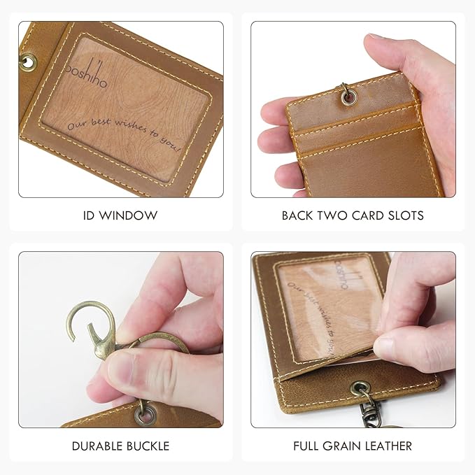 Badge Holder: Boshiho Cowhide Leather ID Card Badge Holder with Keychain Key Ring, Vertical Style (Light Brown)