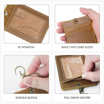 Badge Holder: Boshiho Cowhide Leather ID Card Badge Holder with Keychain Key Ring, Vertical Style (Light Brown)