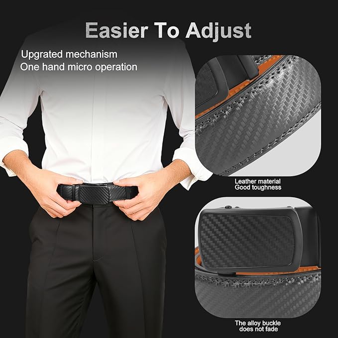 Men's Ratchet Belt Genuine Leather No-Hole Slide Buckle - Adjustable Men's Dress & Casual Belt