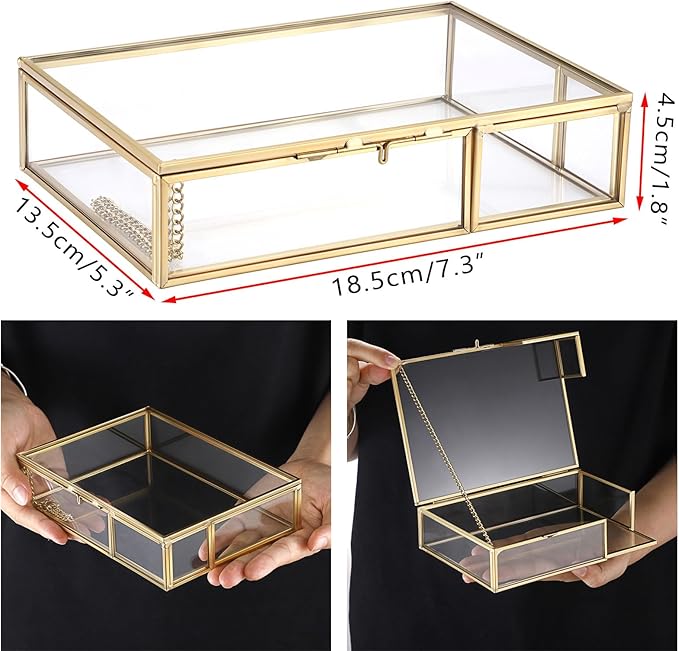 Hipiwe Gold Glass Photo Box - Vintage Photo Storage Organizer, Trinket Box Jewelry Display Organizer Photo Keepsake Box Case Home Decor (Medium)