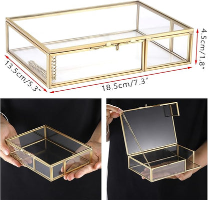 Hipiwe Gold Glass Photo Box - Vintage Photo Storage Organizer, Trinket Box Jewelry Display Organizer Photo Keepsake Box Case Home Decor (Medium)