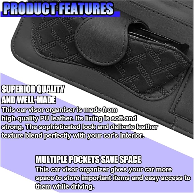 Car Sun Visor Organizer, Vehicle Sunglasses Holder, Automotive Storage Pocket for Pen, Glasses, Ticket, Card, Auto Interior Accessories Pocket for Car, SUV, Truck (Black)