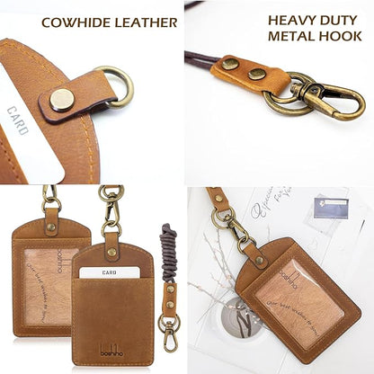 Badge Holder: Boshiho Cowhide Leather ID Badge Card Holder with 19" Neck Lanyard, Vertical Style (Light Brown)