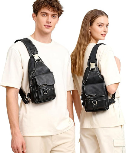 Genuine Leather Hiking Travel DayPack Sling Crossbody Triangle Chest Pack Bag For Men Women 8241 (8241 Dark Black)
