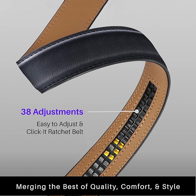 Marino Avenue Ratchet Belt for Men. Adjustable Leather Dress Belt with 38 Easy to Click Into Place Ratchet Closures.