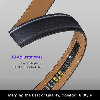 Marino Avenue Ratchet Belt for Men. Adjustable Leather Dress Belt with 38 Easy to Click Into Place Ratchet Closures.