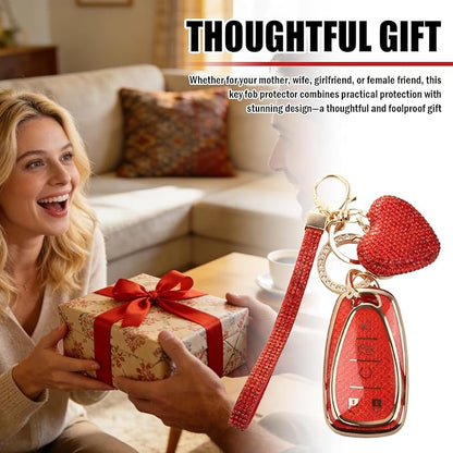 Compatible with Chevy Equinox Key Fob Covers,Stylish Car Key Cover with Bling Heart Keychain,5-Button Keys Fob Protector（Red）