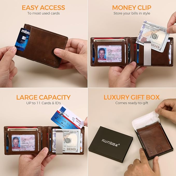 RUNBOX Slim Money Clip Wallets for Men RFID Blocking 11 Card Holder Minimalist Small Leather Bifold Men's Front Pocket Wallet Gift Box