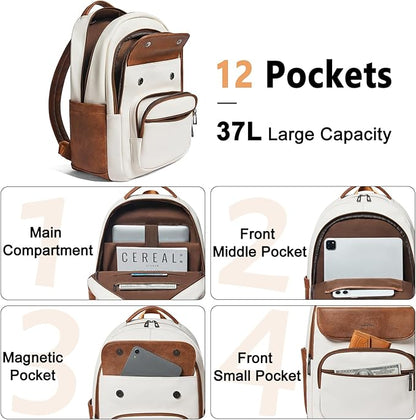 Leresas 37L Backpack Purse for Women Mens Teacher Bag Work Travel Back Pack Vegan Leather Laptop College Daypack Business Computer Book Bag Beige