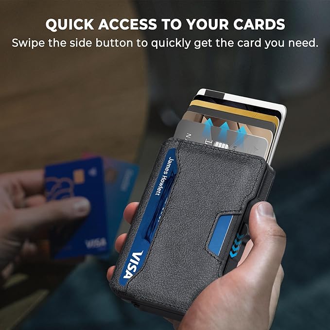 Slim Wallet for Men - Minimalist Mens Wallet with Money Clip, Aluminum Pop Up Card Case and Leather Slots Credit Card Holder RFID Blocking Wallet for Men with Gift Box