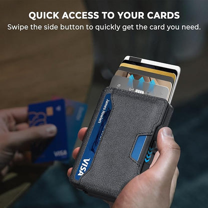Slim Wallet for Men - Minimalist Mens Wallet with Money Clip, Aluminum Pop Up Card Case and Leather Slots Credit Card Holder RFID Blocking Wallet for Men with Gift Box